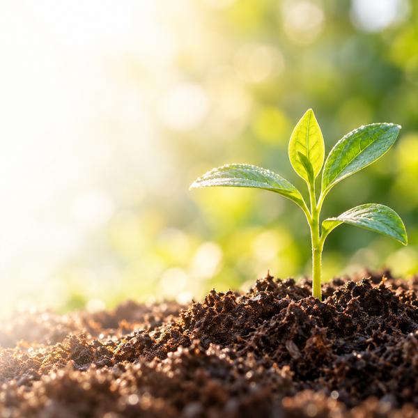 Young green seedling in sunlit soil