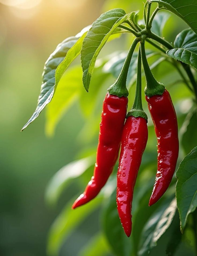 Red chillies growing on a plant