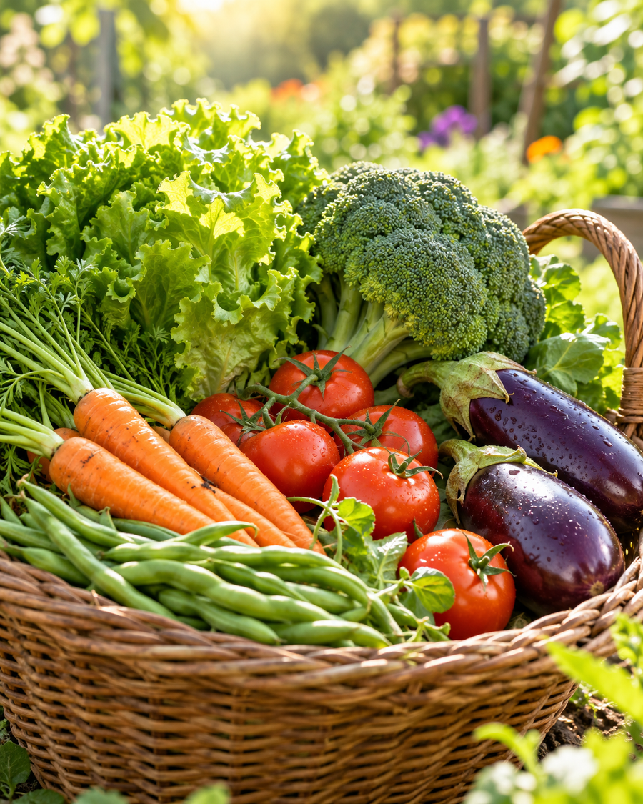 Fresh vegetable basket in a sunlit garden